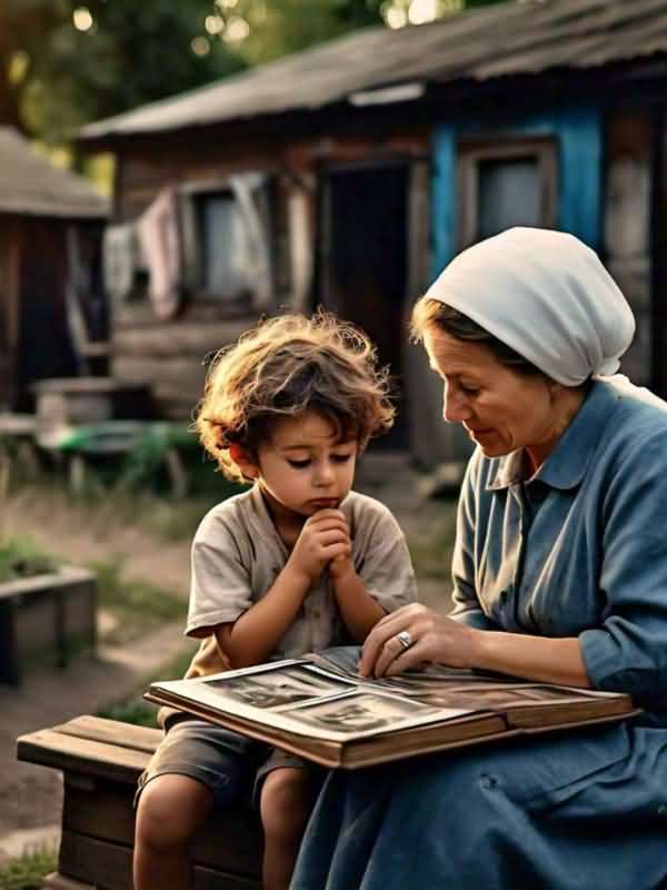 A little boy and his poor mother in a small village icon